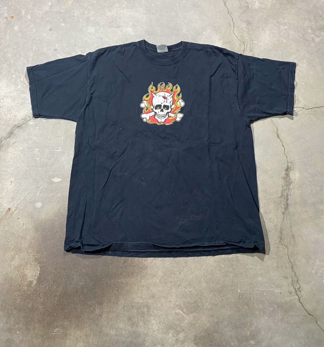 90s poster pop skull&flame t shirt (XXL)